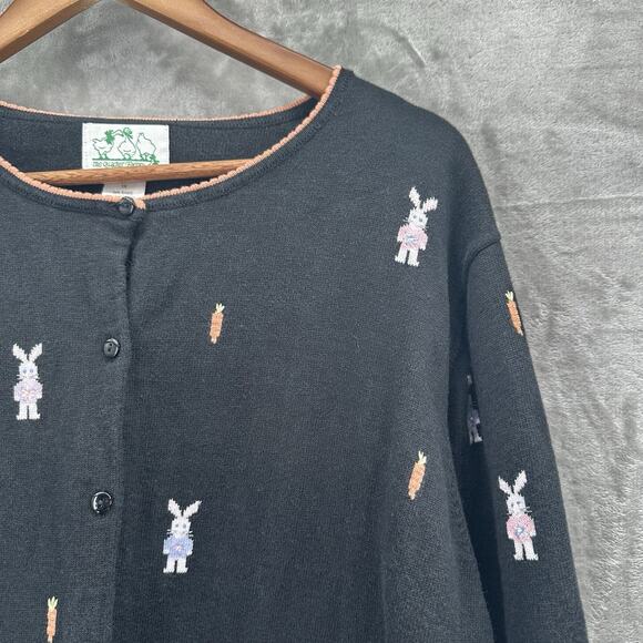 Vintage Quacker Factory Easter Sweater Womens 1X Black Bunny Embroidered Ramie - Picture 3 of 12
